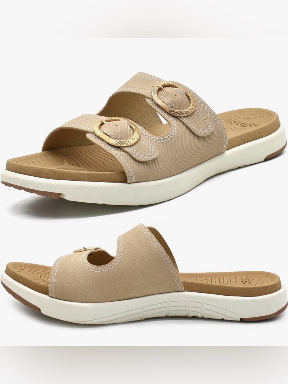 Beige Double-Buckle Slide Sandal - Women